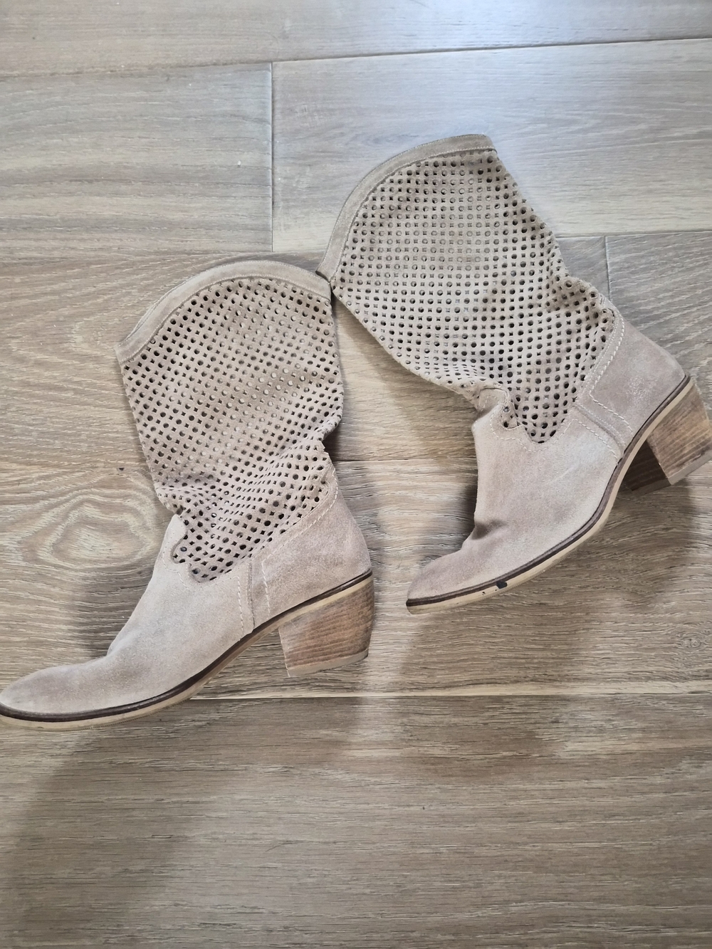 Suede Perforated Mid-Calf Boots in Taupe